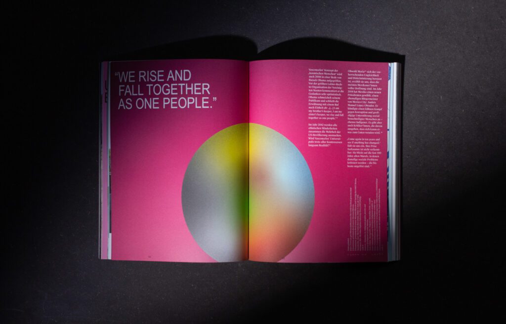 Photo of book spread, depicting abstract sphere